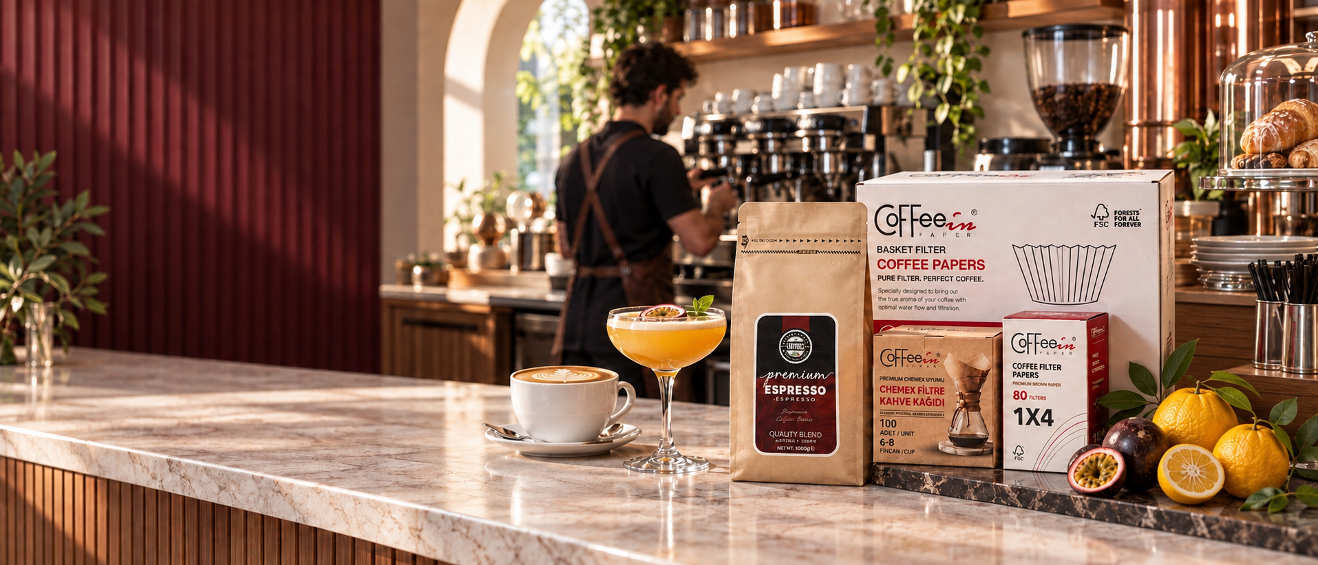 Coffeein filtre kağıtları, By Tüfekçi espresso ve meyve kokteyliyle kafe hazırlık sahnesi