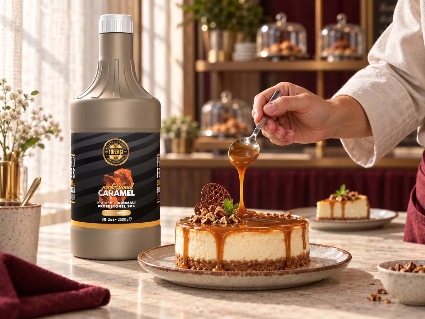 By Tüfekçi Karamel Profesyonel Sos 2500 g ile tamamlanan tatlı sunumu