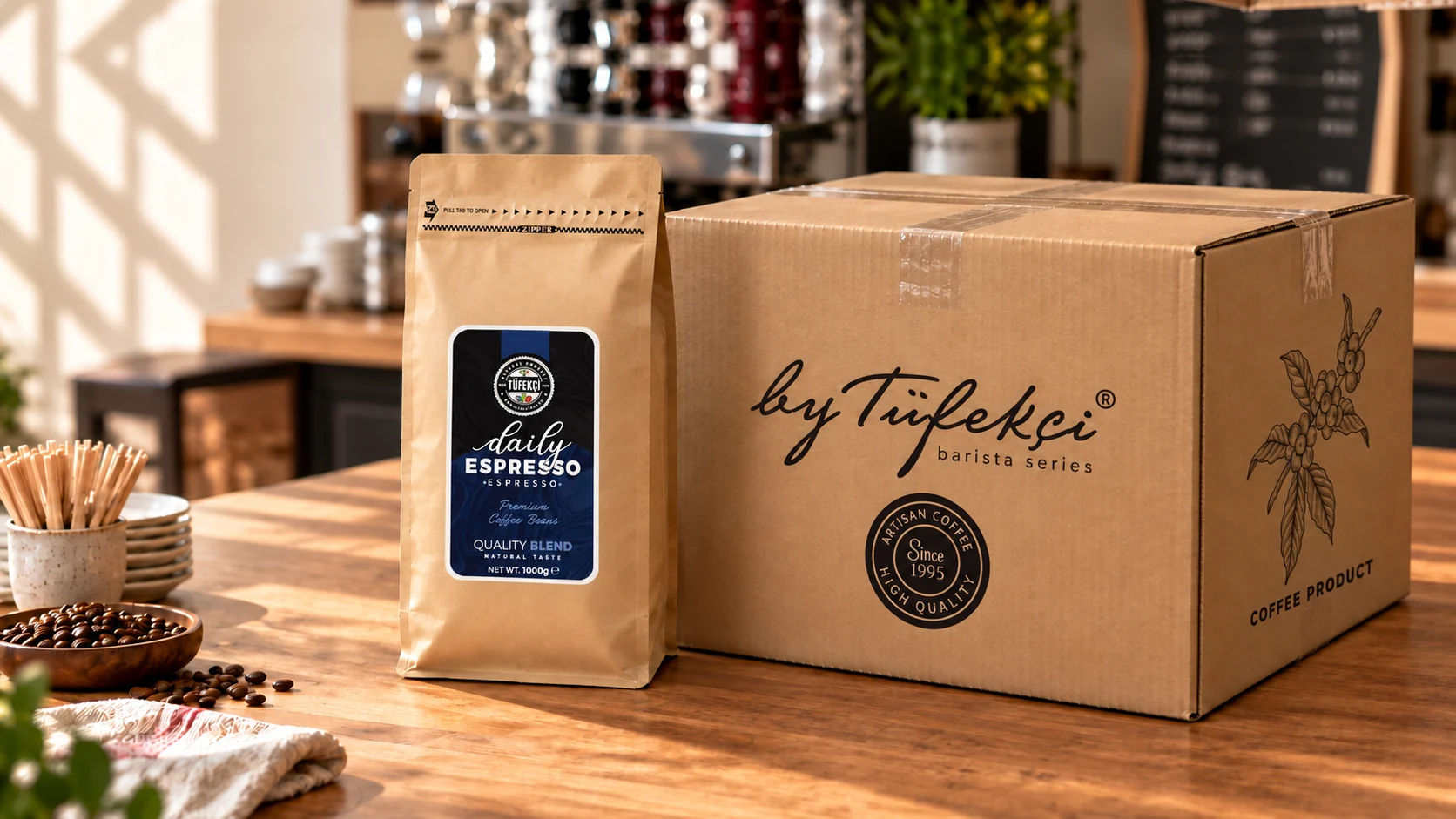 Kafe tezgâhında kapalı By Tüfekçi espresso kolisi ve Daily 1 kg espresso paketi