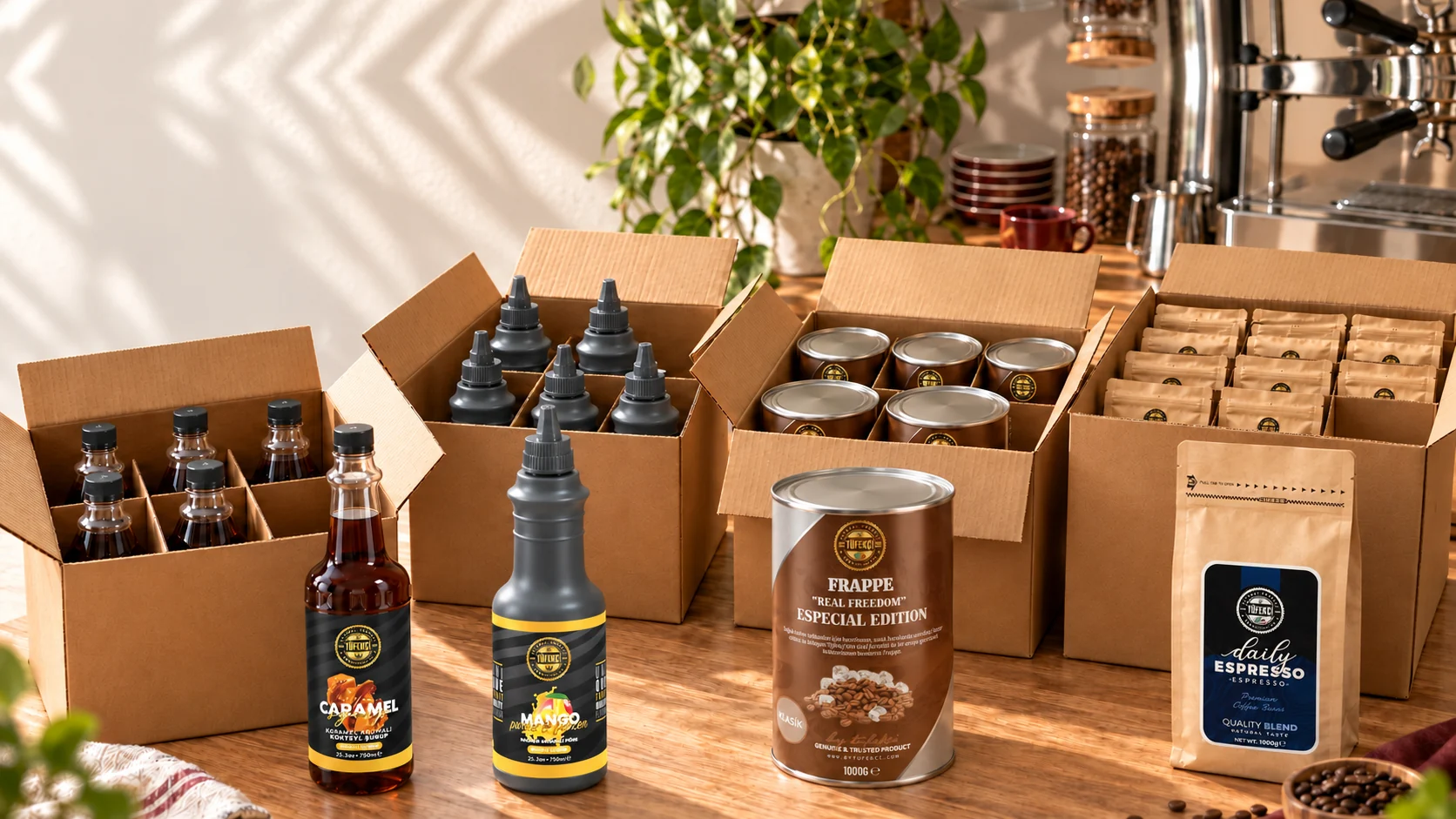 Kafe tezgâhında şurup, meyve püresi, frappe ve espresso kolileri