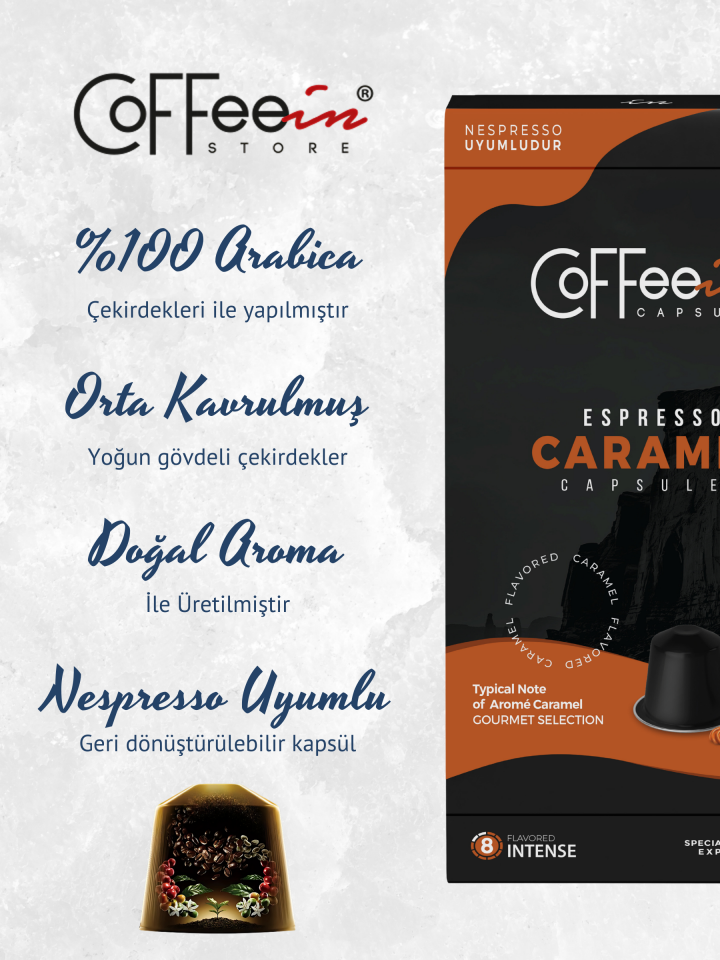 Coffeein Karamel Aromalı Espresso Kapsül Kahve 10 Adet – görsel 2