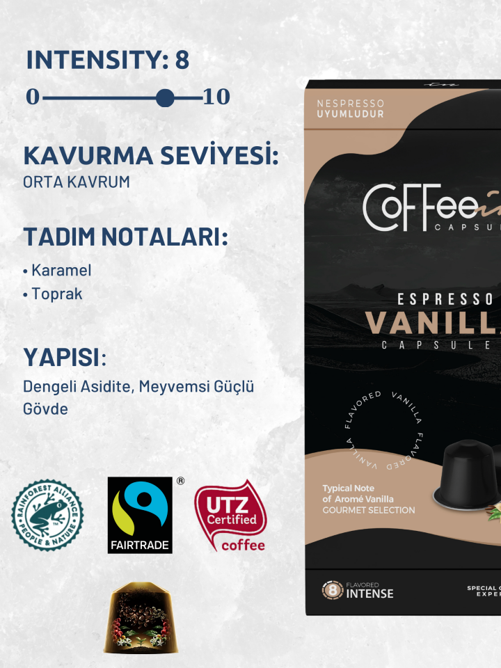 Coffeein Vanilya Aromalı Espresso Kapsül Kahve 10 Adet – görsel 3
