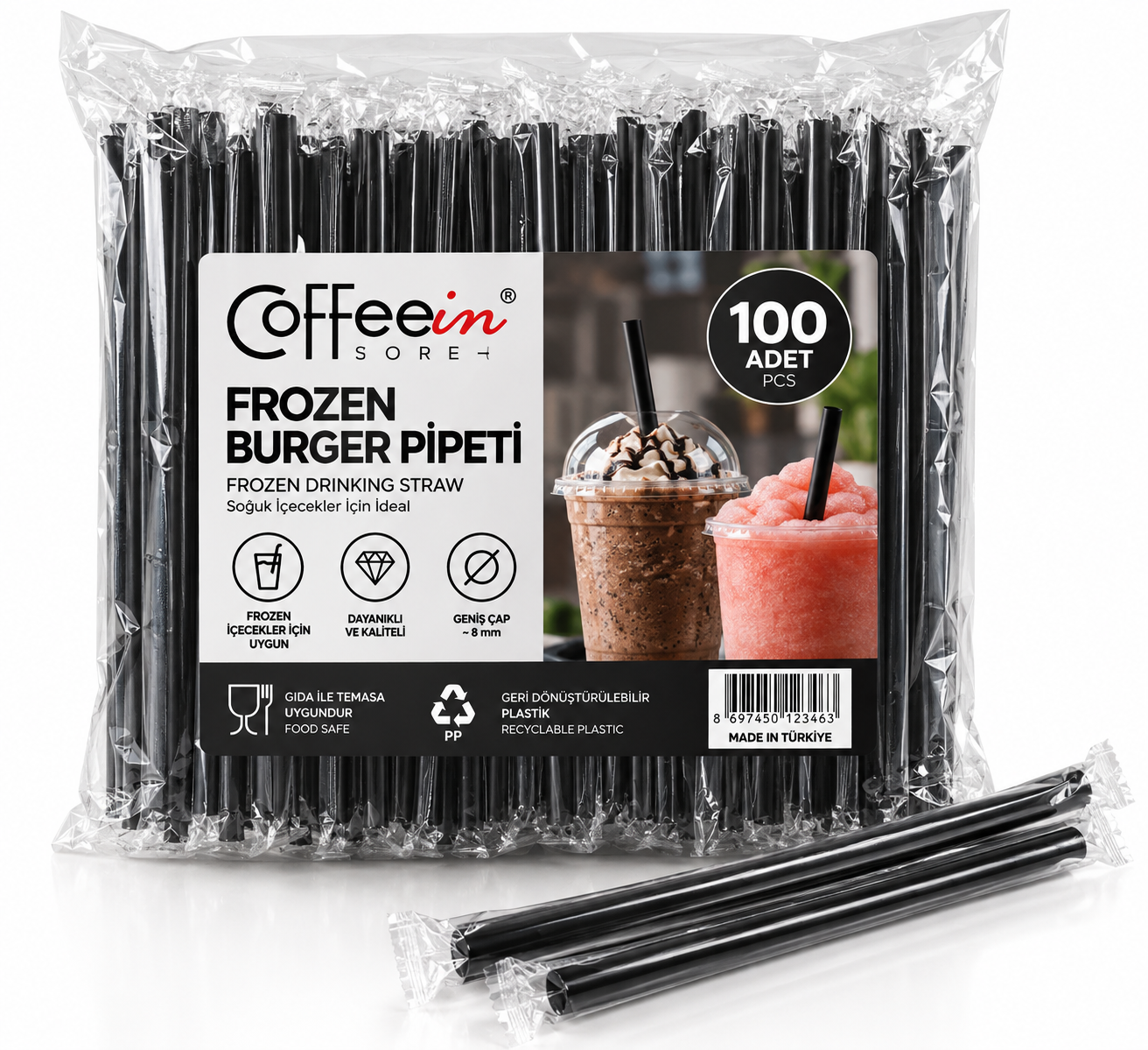 Coffeein Kalın Frozen Pipet Siyah - 100 adet Jelatinli