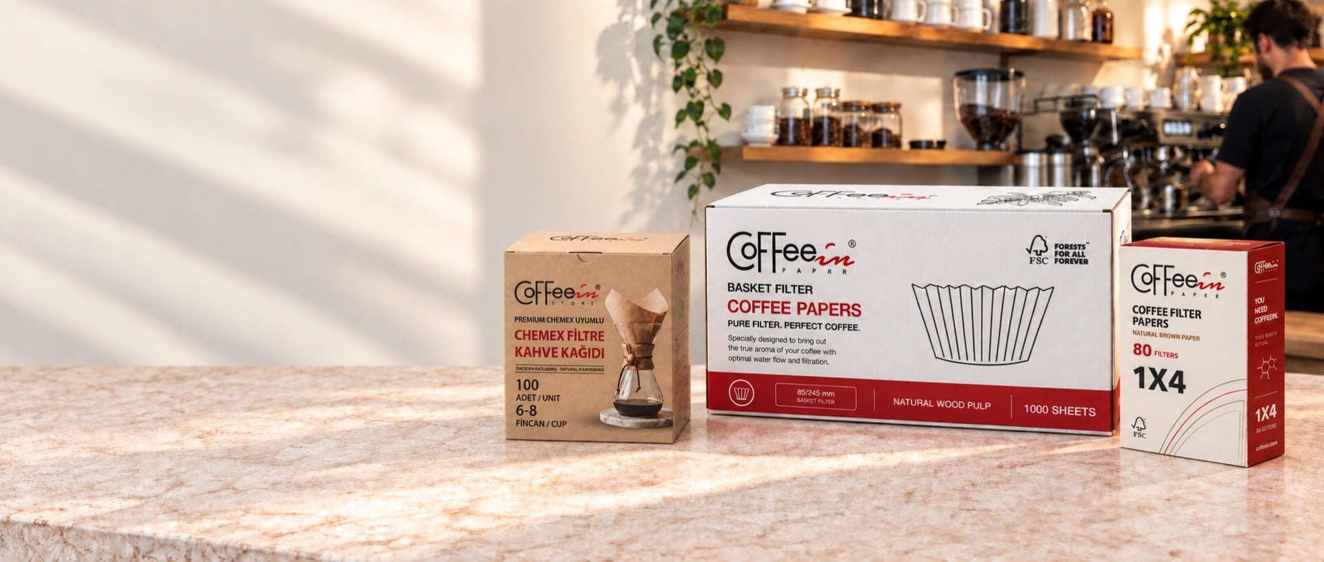 Coffeein Basic 85/245 basket, 1×4 ve Chemex uyumlu filtre ambalajları demleme tezgâhında